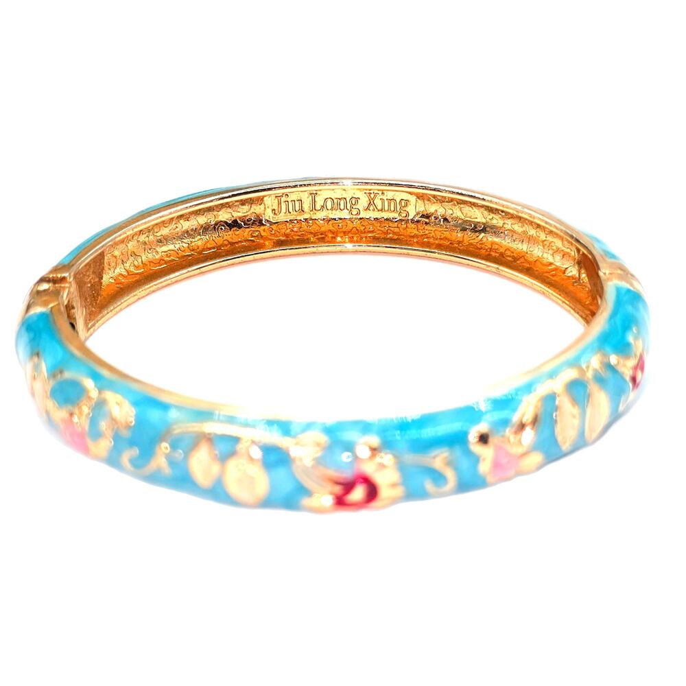 Jiu Long Xing Vintage Floral Cloisonné Turquoise Enamel Hinged Bangle Bracelet